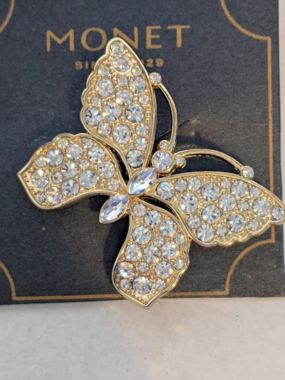 MONET Gold Tone Clear Rhinestone Butterfly Brooch Pin - Picture 2 of 3